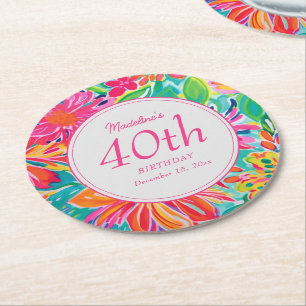 Posavasos Redondo De Papel Flores de Acuarela Naranja Rosa Caliente Cumpleaño