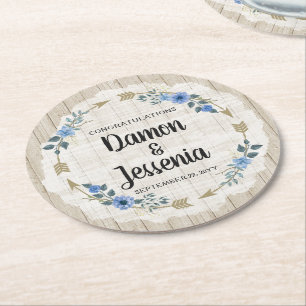 Posavasos Redondo De Papel Flores de Boho de Madera Rústica y Boda Floral Azu