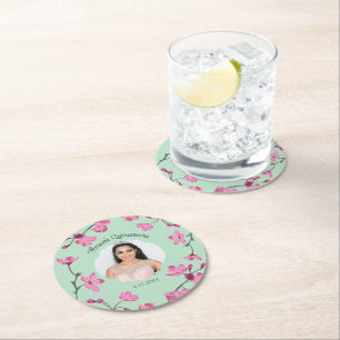 Posavasos Redondo De Papel Flores de cerezo rosado, verde de menta, foto