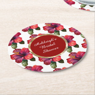 Posavasos Redondo De Papel Flores de Hibisco Rojo Tropical para Despedida de