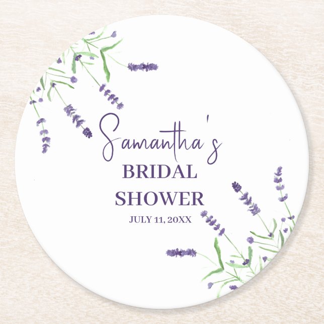 Posavasos Redondo De Papel Flores de lavanda Morado acuarela Ducha de novia (Anverso)