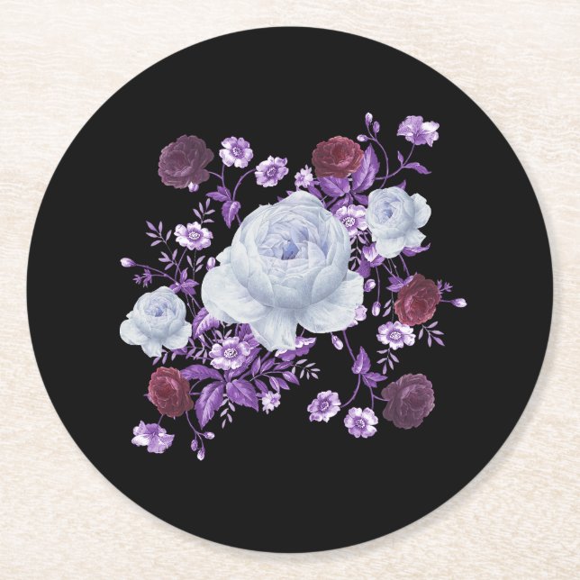 POSAVASOS REDONDO DE PAPEL FLORES DE LILA, FONDO NEGRO (Anverso)