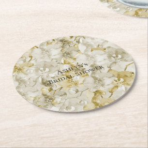 Posavasos Redondo De Papel Flores de orquídea crema dorada para ducha de novi