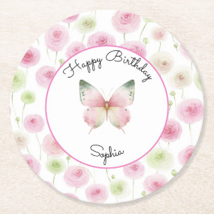 Posavasos Redondo De Papel Flores de Ranunculus Rosa Femeninas Cumpleaños