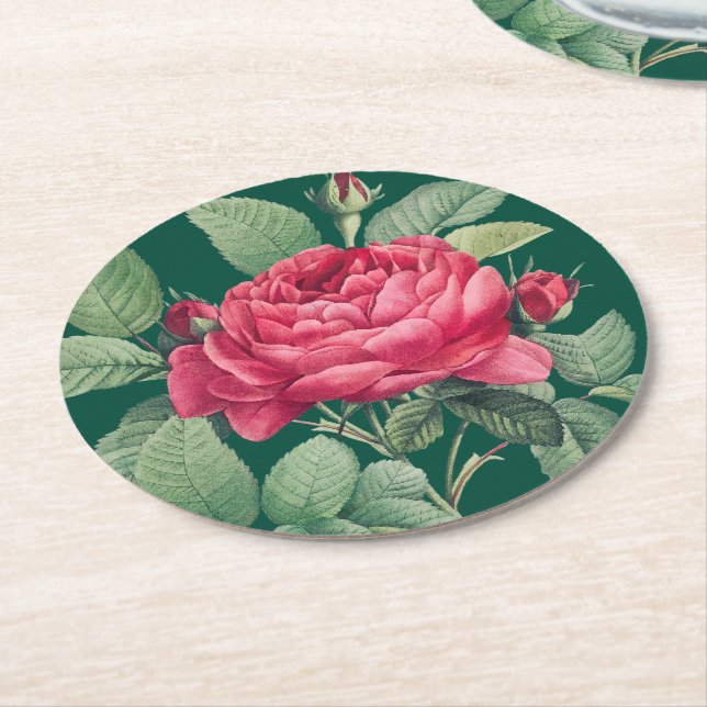 Posavasos Redondo De Papel Flores de rosa roja con hojas verdes (En perspectiva)