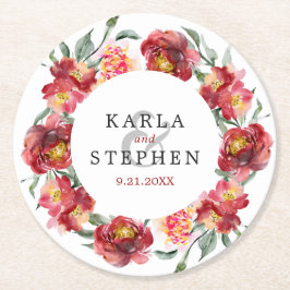 Posavasos Redondo De Papel Flores del jardín de color de agua de color rojo p