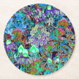 Posavasos Redondo De Papel Flores psicodélicas moradas y verdes del jardín li