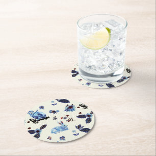 Posavasos Redondo De Papel Flores Rabbit Monkey Blue White Vintage 
