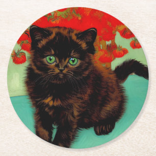 Posavasos Redondo De Papel Flores rojas de gato negro Van Gogh
