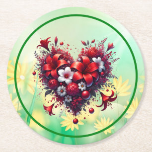 Posavasos Redondo De Papel Flores Rojas de Primavera Corazón-53476