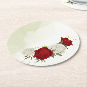 Posavasos Redondo De Papel flores rojas hojas verdes boda