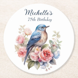 Posavasos Redondo De Papel Flores rosa pájaro azul 75 cumpleaños