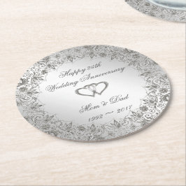 Posavasos Redondo De Papel Flourish Silver 25° Aniversario del Boda