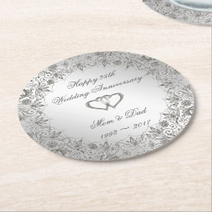 Posavasos Redondo De Papel Flourish Silver 25° Aniversario del Boda