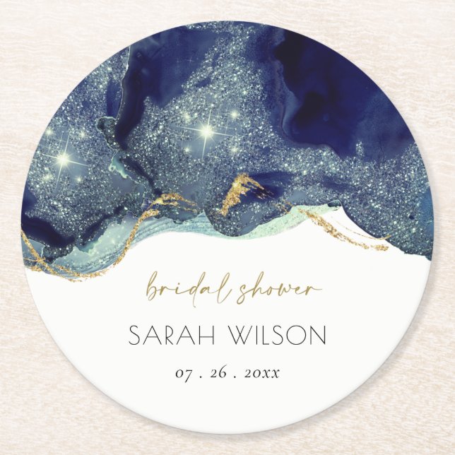 Posavasos Redondo De Papel Fluid Abstract Ink Gold Naval Purpurina Bridal Sho (Anverso)
