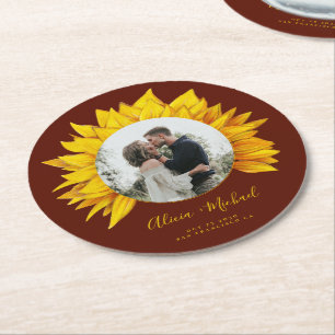 Posavasos Redondo De Papel Foto de boda rústica de girasol, salven la fecha