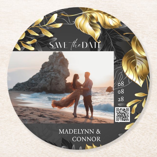 Posavasos Redondo De Papel Foto personalizado Código QR Gray Golden Save the  (Anverso)