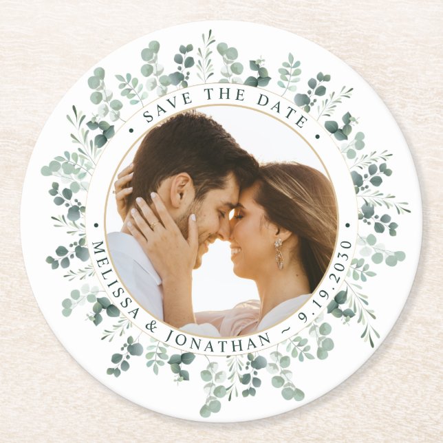 Posavasos Redondo De Papel Foto personalizado Eucalyptus Wedding Save The Dat (Anverso)