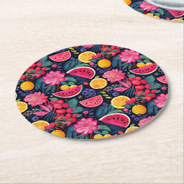 Posavasos Redondo De Papel Frutas y flores tropicales