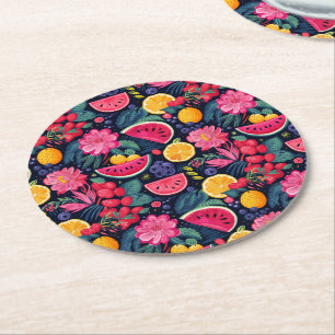 Posavasos Redondo De Papel Frutas y Flores Tropicales