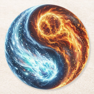 Posavasos Redondo De Papel Fuego y Hielo Equilibrio Cósmico Yin Yang