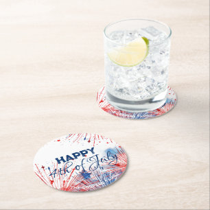 Posavasos Redondo De Papel Fuegos artificiales felices 4 de julio Personaliza