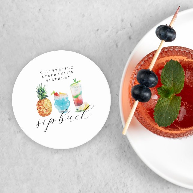 Posavasos Redondo De Papel Fun Vibrant Sip Back Cocktails Fiesta de cumpleaño (Subido por el creador)