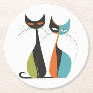 Posavasos Redondo De Papel Fun Vintage Retro MCM Gatos Turquesa Naranja Negro