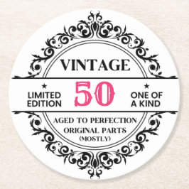 Posavasos Redondo De Papel Funny 50 cumpleaños negro y rosa de cosecha