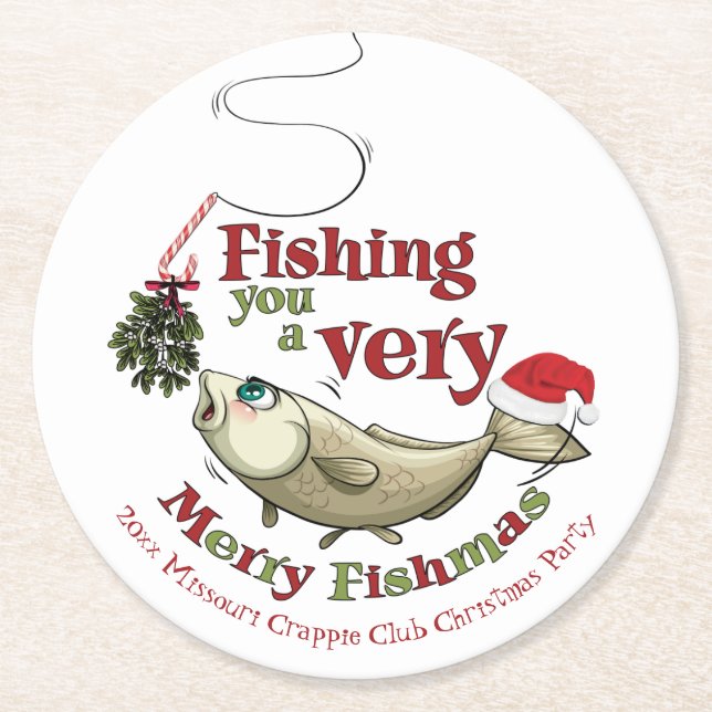 Posavasos Redondo De Papel Funny Fishing Navidades - Merry Fishmas Mistletoe (Anverso)