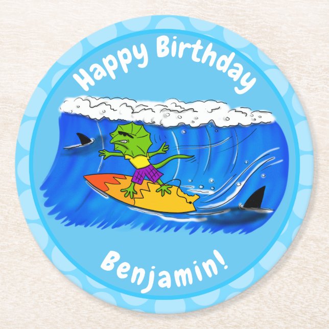 Posavasos Redondo De Papel Funny personalizado de surf con lagarto frito (Anverso)