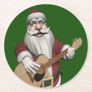 Posavasos Redondo De Papel Funny Santa Claus toca guitarra acústica