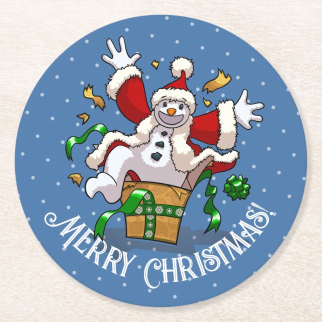 Posavasos Redondo De Papel Funny Snowman Merry Christmas Surprise Cartoon (Anverso)