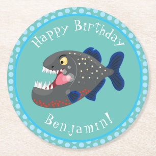 Posavasos Redondo De Papel Furioso ilustracion personalizado de piranha