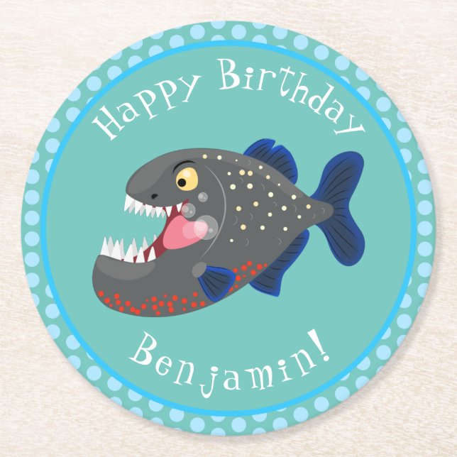 Posavasos Redondo De Papel Furioso ilustracion personalizado de piranha (Anverso)