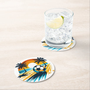 Posavasos Redondo De Papel Fútbol Retro Playa Verano Tropical Atardecer
