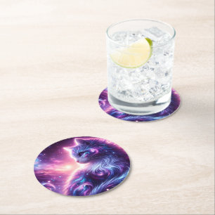 Posavasos Redondo De Papel Galoaxia Cósmica Felina Mística Celestial