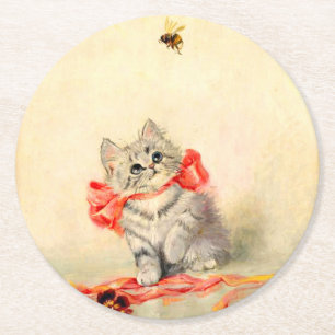 Posavasos Redondo De Papel Gatito con cinta roja