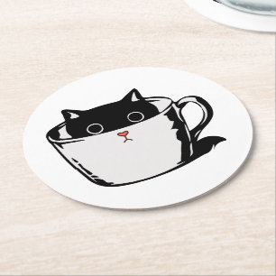 Posavasos Redondo De Papel Gatito negro con nariz roja escondido en una taza