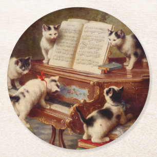 Posavasos Redondo De Papel Gatitos y piano