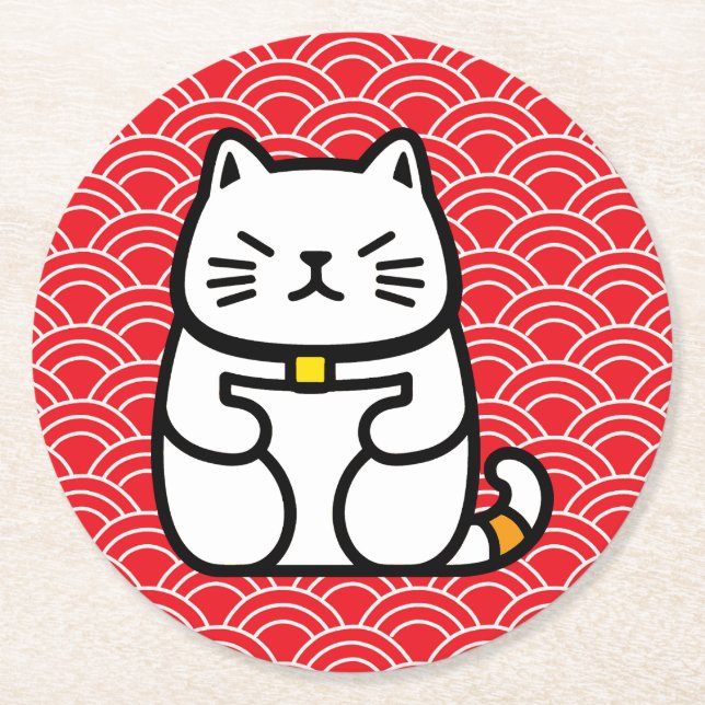 Posavasos Redondo De Papel Gato afortunado japonés o Maneki-Neko (Anverso)