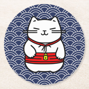 Posavasos Redondo De Papel Gato afortunado japonés o Maneki-Neko