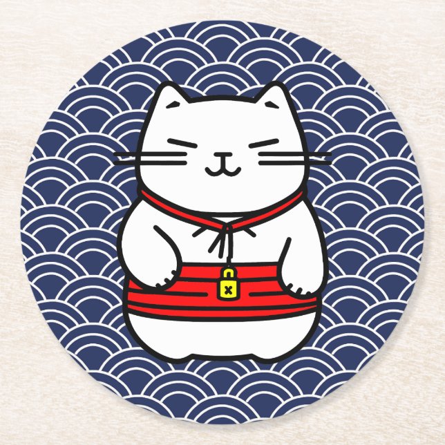 Posavasos Redondo De Papel Gato afortunado japonés o Maneki-Neko (Anverso)