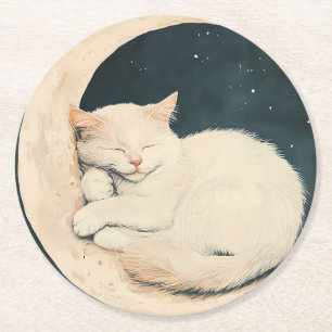 Posavasos Redondo De Papel Gato blanco durmiendo en luna creciente - Noche so