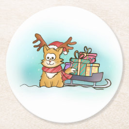 Posavasos Redondo De Papel Gato con Gorra de renos y Navidades de Sleigh