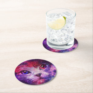 Posavasos Redondo De Papel Gato de la Galaxia Púrpura