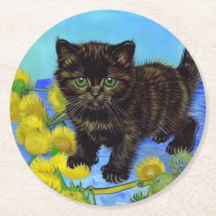 Posavasos Redondo De Papel Gato estilo Van Gogh con girasoles