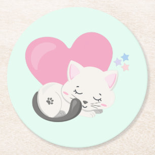 Posavasos Redondo De Papel Gato gitano dulce durmiendo con un gran corazón ro