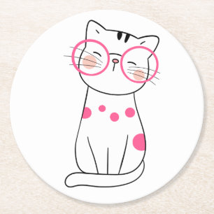 Posavasos Redondo De Papel Gato lindo Regalo Gafas rosadas Gatito Nerd Kitty