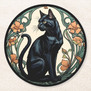 Posavasos Redondo De Papel Gato negro Art Nouveau
